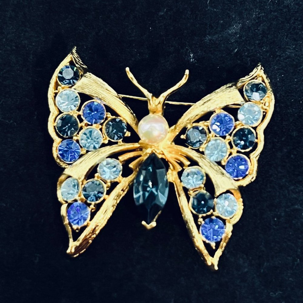Lia Gold Tone, Faux Pearl And Blue Rhinestone Butterfly Brooch